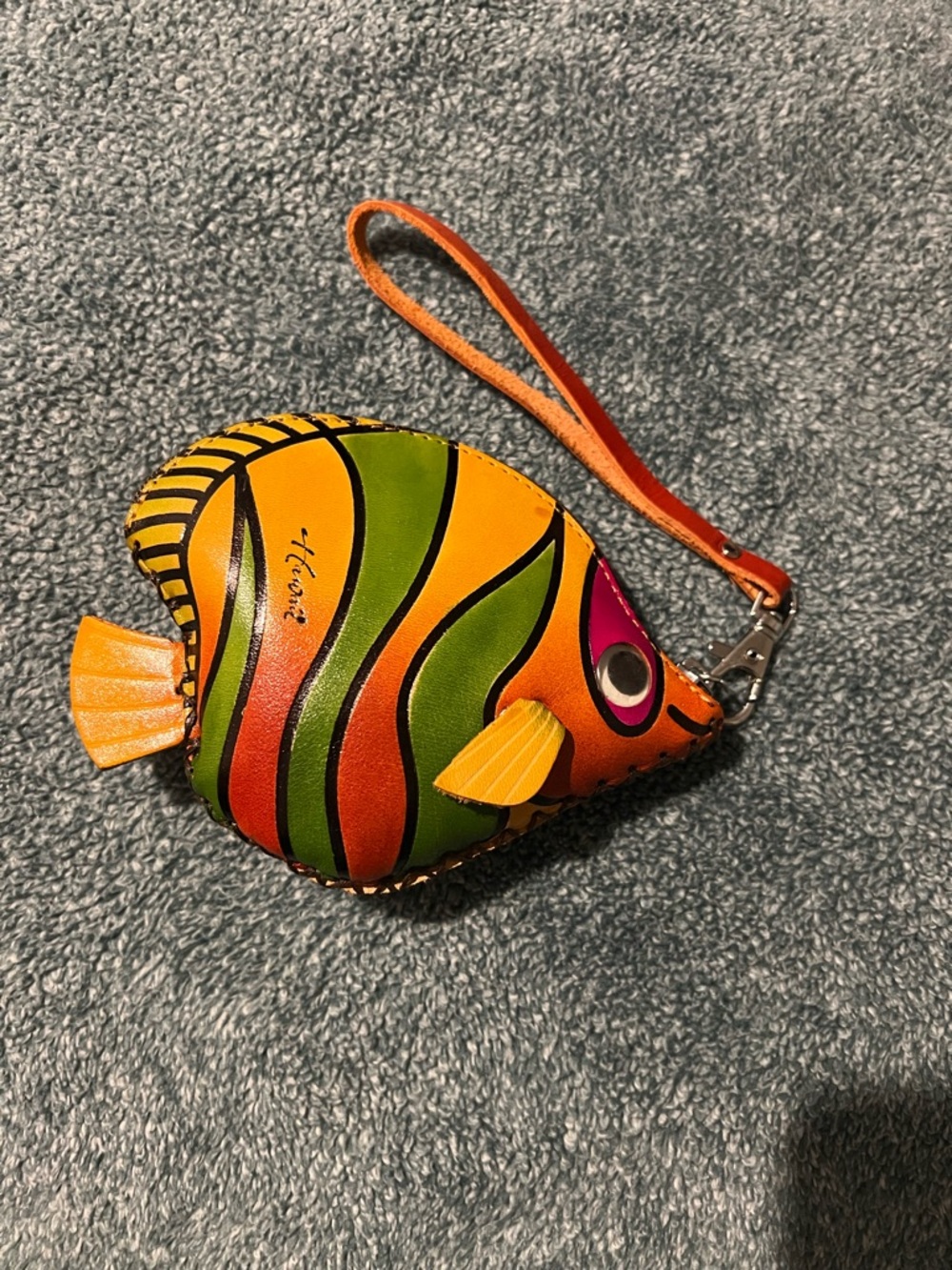 Colorful Orange & Green Fish Wristlet Pouch - Handpainted Design